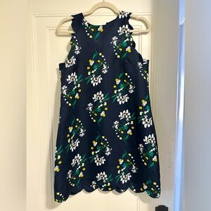 Navy Blue Scalloped Mini Dress with White, Green, and Yellow details - size M